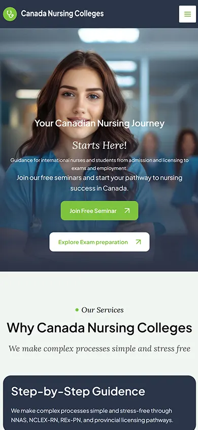 Canada Nursing Colleges website on mobile
